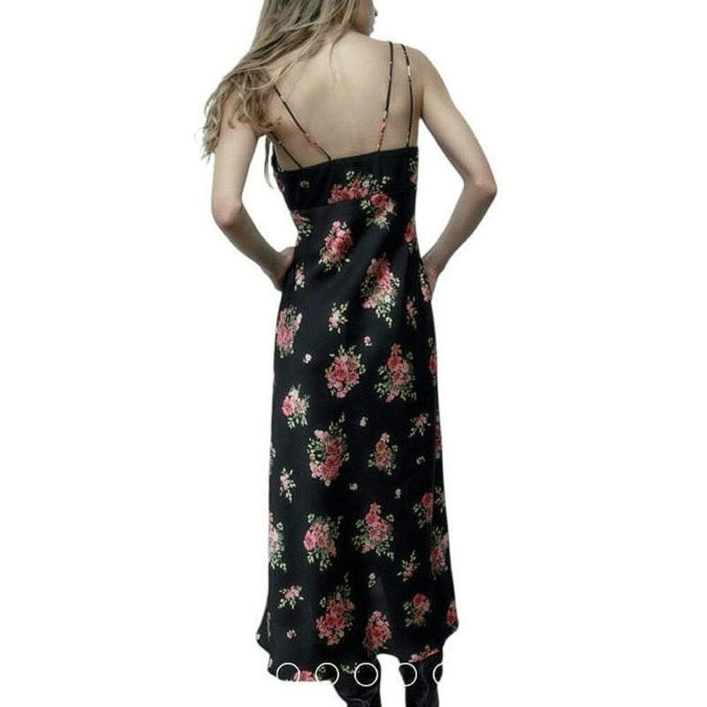 ZARA Floral Sleeveless Black Pink Midi Slip Dress Romantic Size S - Picture 8 of 16